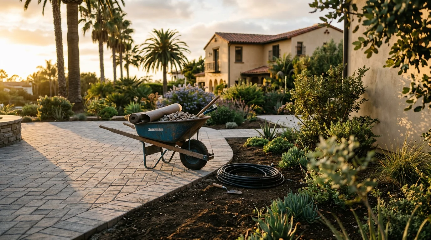 Professional landscape construction crew installing plants, irrigation, and hardscape materials in San Diego backyard