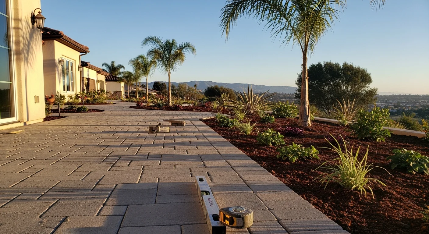 Designed outdoor living space in San Diego with a paver patio, seating zones, and planted borders