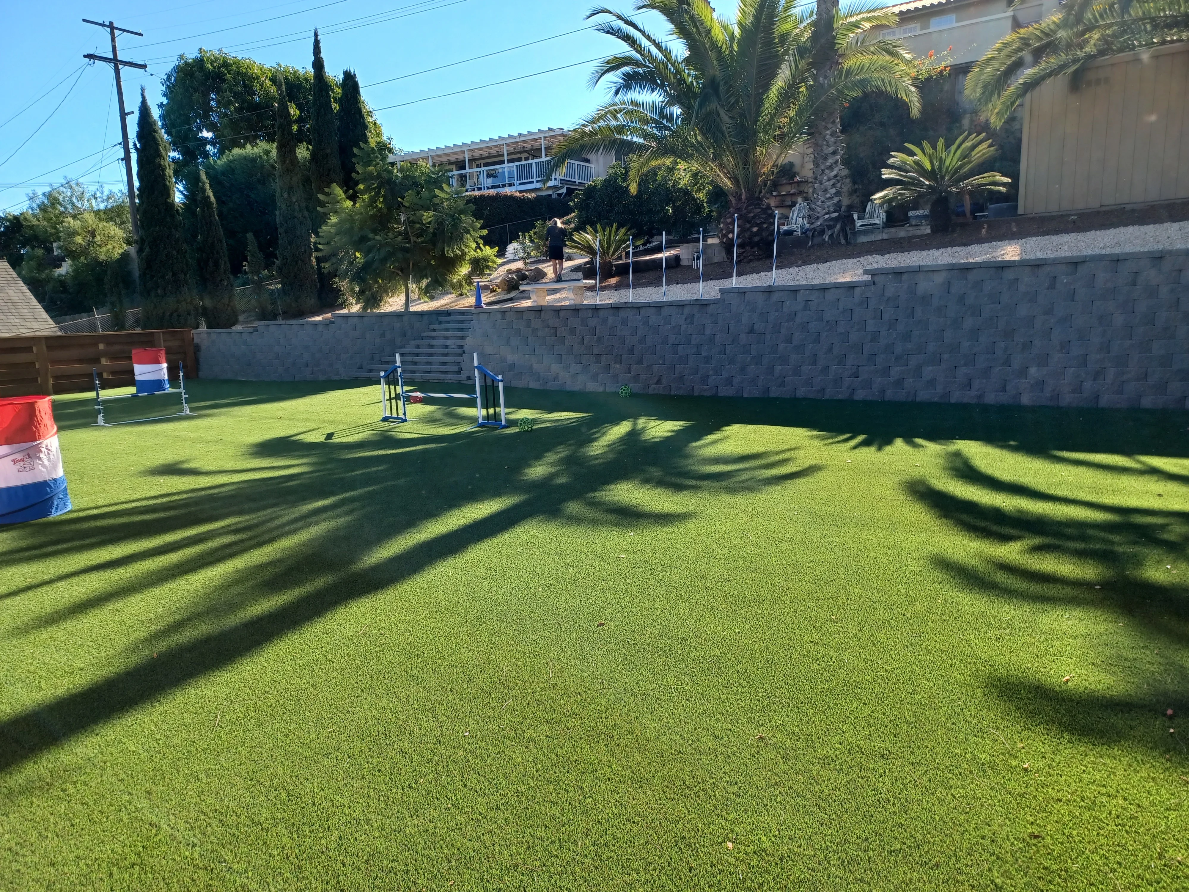 Synthetic turf yard with agility jumps and gray segmental retaining wall