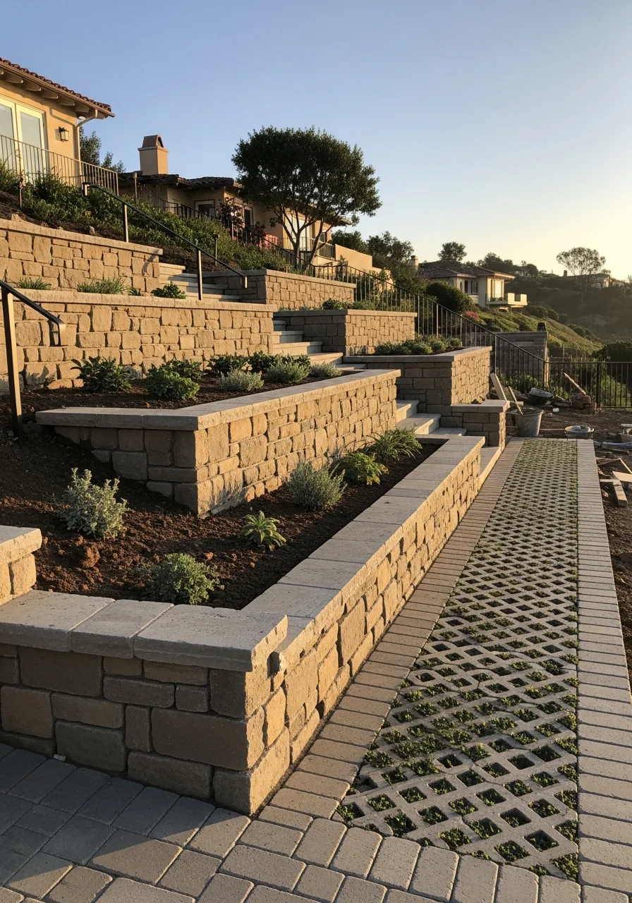 Del Mar hillside property with terraced retaining walls, native plantings, and coastal-grade hardscape materials