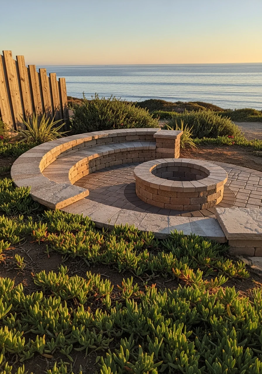 Custom fire pit installation in upscale Solana Beach backyard with ocean views