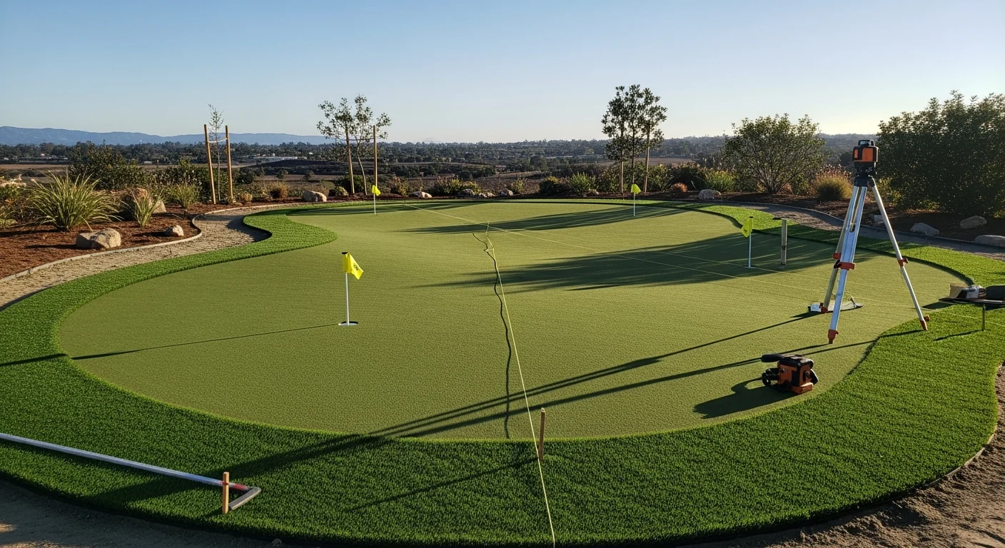 A custom synthetic putting green with multiple cups and a chipping fringe installed in a San Diego County backyard. The green features subtle contours and a clean edge bordered by hardscape pavers under clear Southern California sky.
