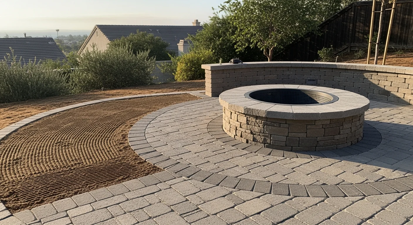 A custom built-in gas fire pit with non-combustible stone surround installed in a San Diego County backyard hardscape. The fire pit is centered within a paver patio and flanked by low masonry seat walls.