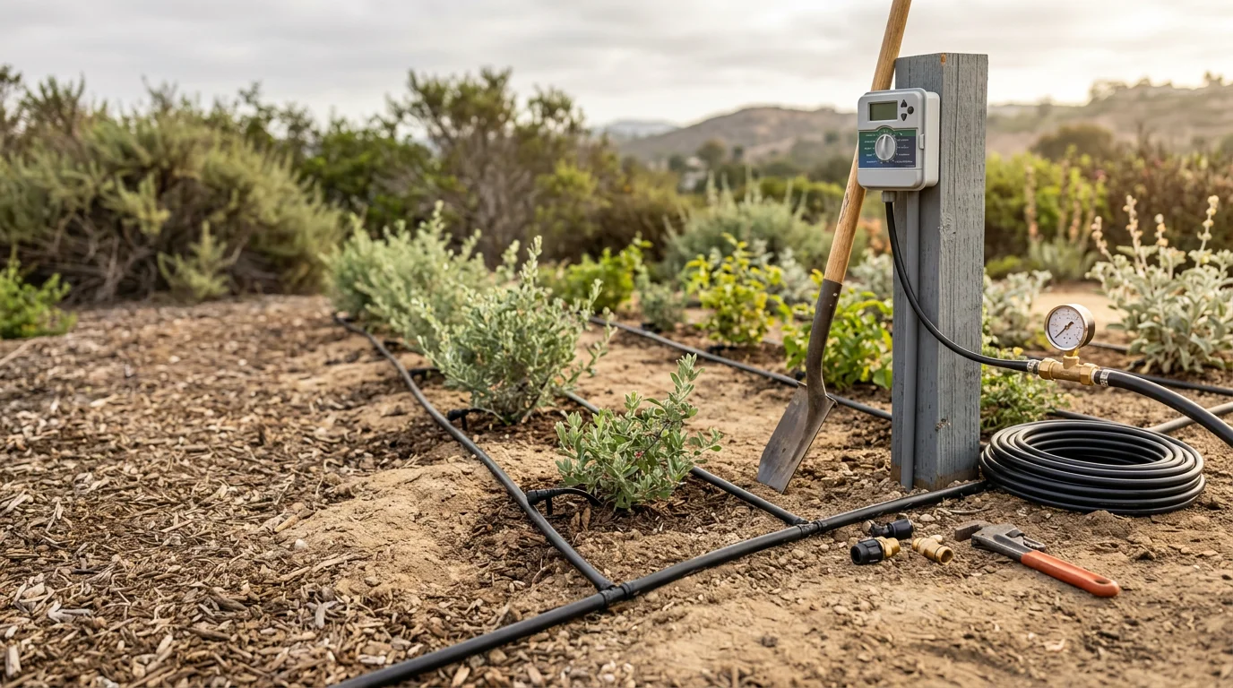 Freshly installed drip irrigation lines running through a landscaped planting bed in a San Diego County backyard. The system is integrated alongside a stone hardscape border with drought-tolerant plants in a sunny inland setting.
