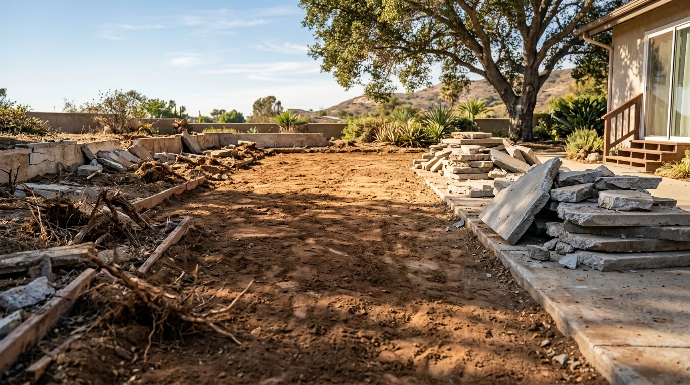 A cleared San Diego County backyard after landscape demolition, with old concrete and planting beds fully removed and the ground leveled and ready for new hardscape construction. The open lot shows a typical sloped residential property in the region with clean site edges.