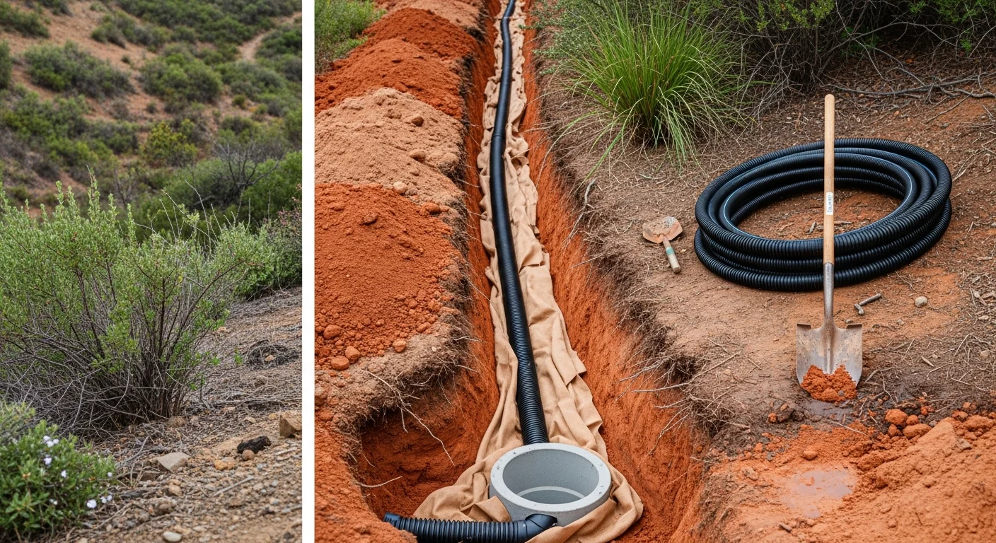Installed channel drain running along the edge of a concrete patio on a San Diego County residential property, with a steel grate flush to the surface directing water away from the home's foundation. Surrounding hardscape includes pavers and a retaining wall on a gently sloped yard.