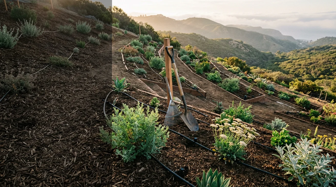 Completed landscape installation on a residential property in San Diego County, featuring drought-tolerant plantings, graded soil beds, and a clean outdoor living layout. The yard reflects the region's Mediterranean climate with a mix of low-water plants suited to coastal and inland conditions.