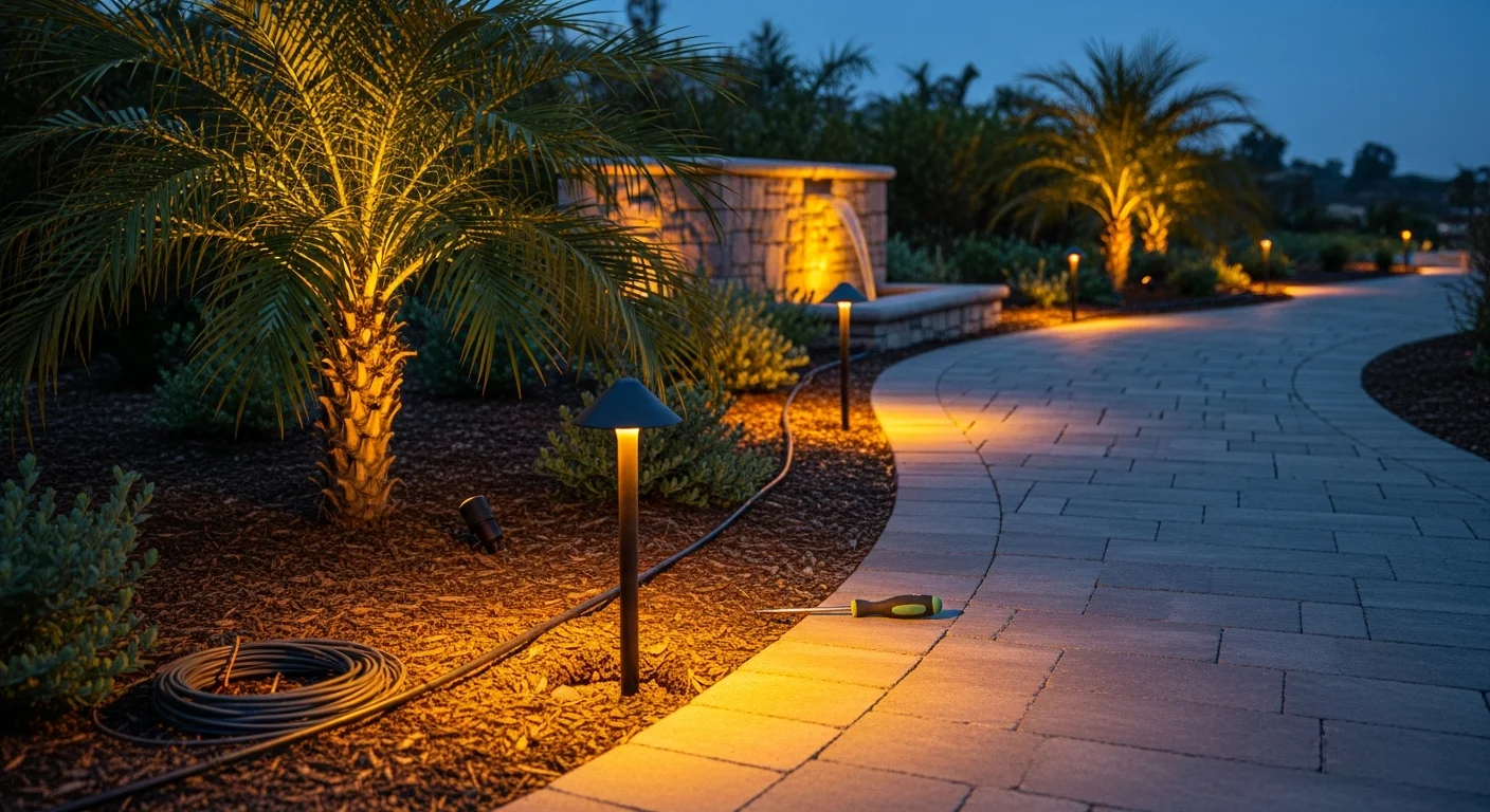 Professionally installed landscape lighting along a paver walkway and retaining wall at a San Diego County residential property, with uplights illuminating mature trees and step lights marking a tiered hardscape at dusk.