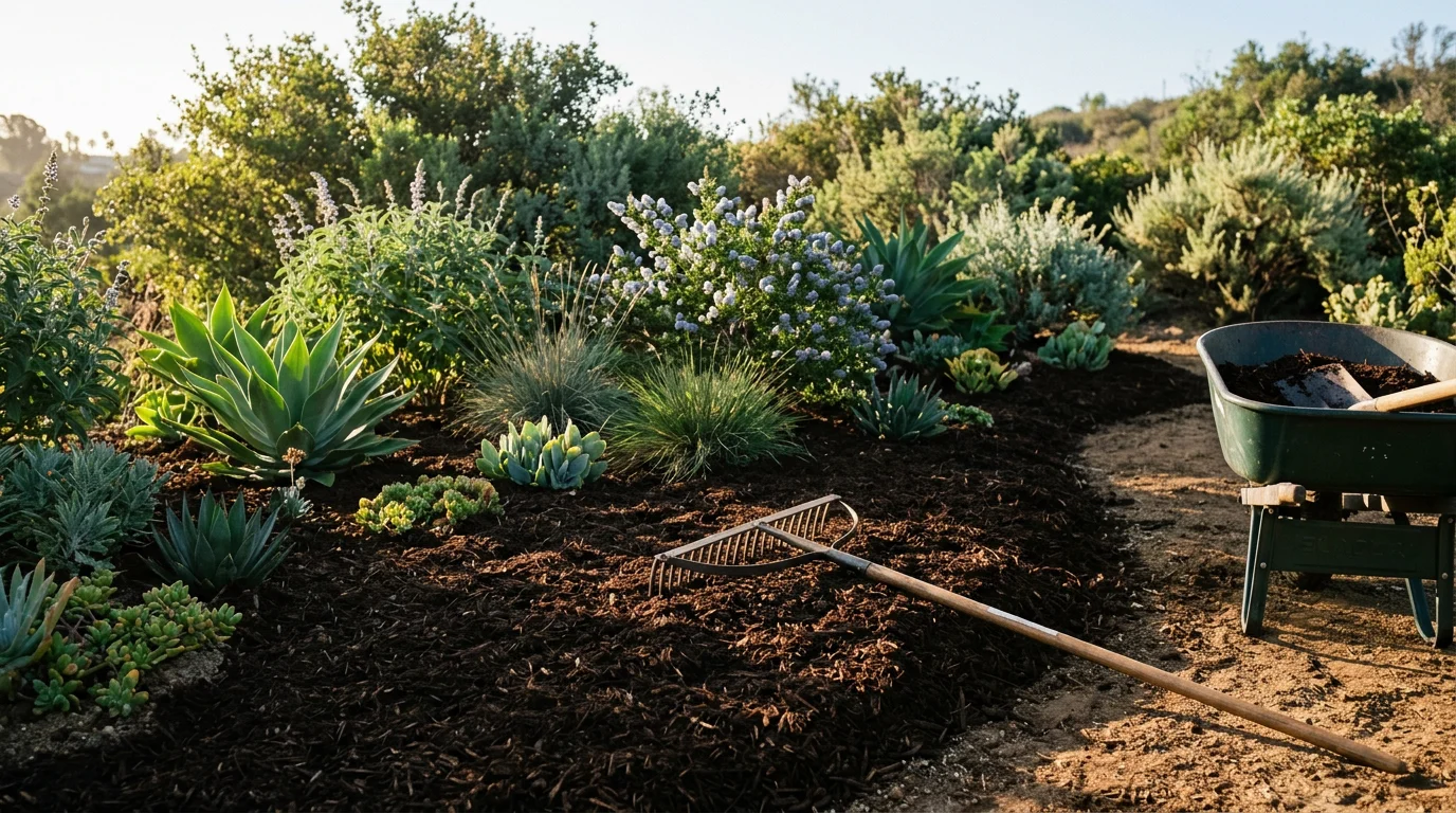 Freshly installed dark bark mulch covering a landscaped garden bed around drought-tolerant plants at a San Diego County residential property. Cleanly edged beds with an even layer of bark mulch frame a hardscape pathway in a Southern California outdoor living space.