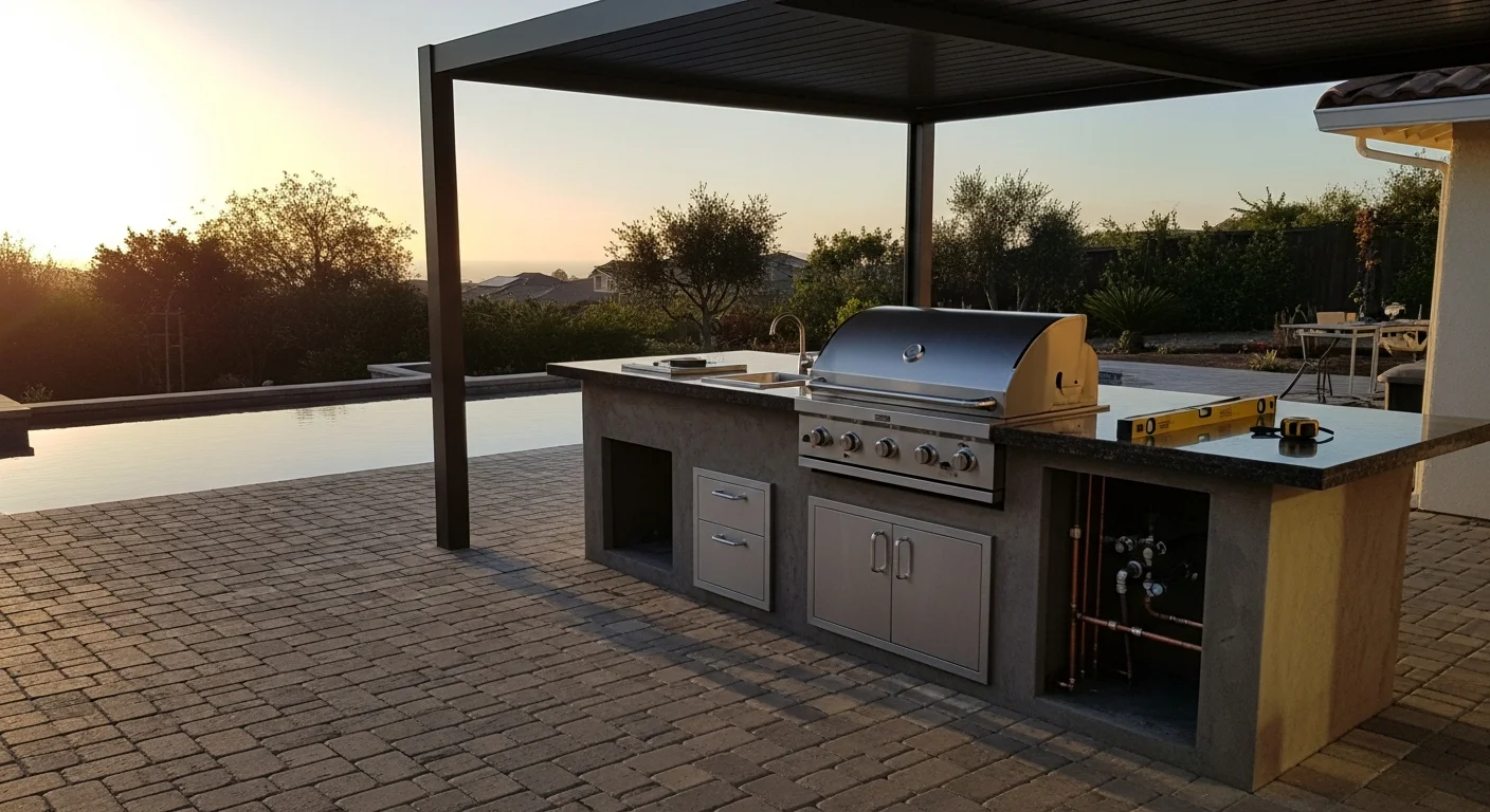A completed custom outdoor kitchen built by Endless Summer Hardscapes in a San Diego County backyard, featuring a stone-base island with countertop cooking surface and built-in appliances. The structure is set on a paver patio with a shade structure overhead, suited to the region's sunny climate.