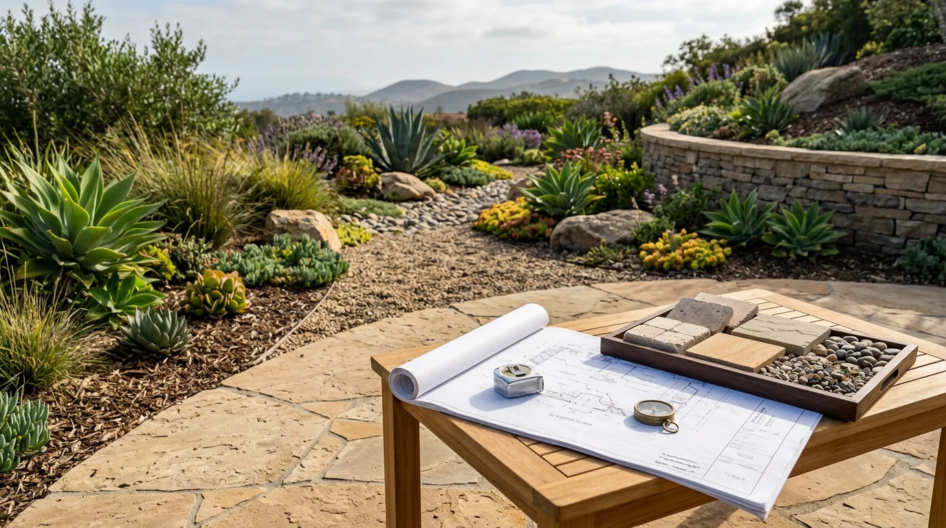 A San Diego County backyard outdoor living space featuring a hardscape patio with defined seating and dining zones, surrounded by drought-tolerant landscaping suited to the local Mediterranean climate. Endless Summer Hardscapes outdoor living design consultation result in San Diego County.