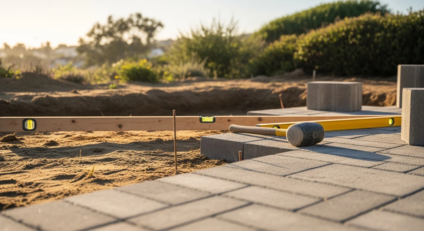 Freshly installed interlocking pavers forming a backyard patio and walkway at a San Diego home, with clean joint lines and a compacted base visible at the edge. The surface extends toward an outdoor seating area under a clear Southern California sky.