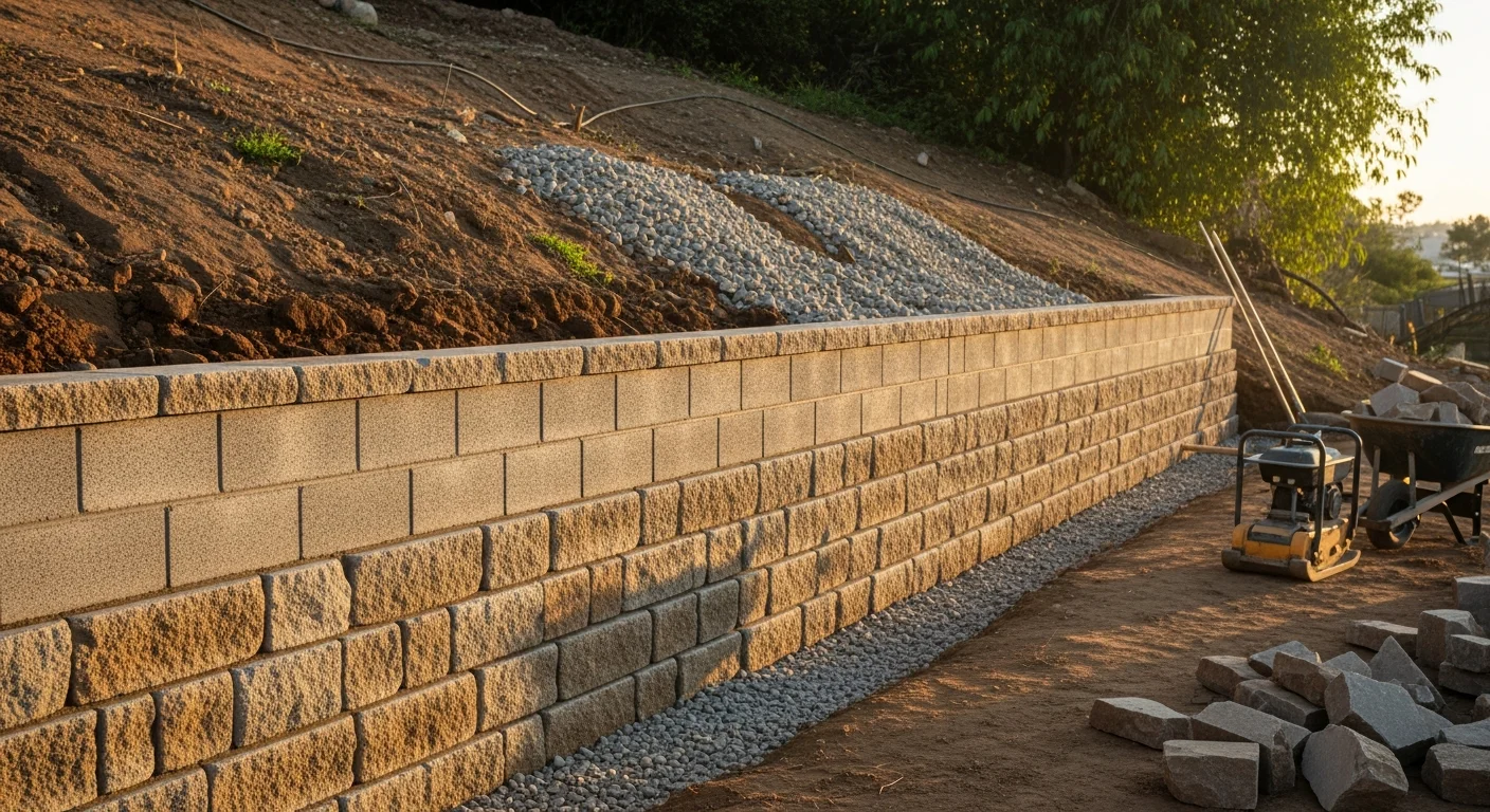 A finished multi-tier retaining wall system built by Endless Summer Hardscapes on a sloped residential lot in San Diego, showing level terraced areas with clean block coursing and a drainage outlet at the base. The wall steps down a hillside yard, creating flat usable space on each level against a backdrop of typical Southern California residential landscaping.