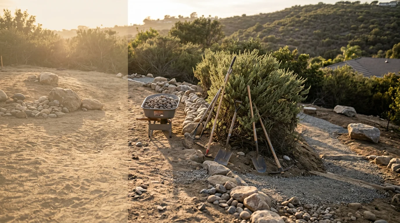 Professionally installed decorative rock ground cover and boulder accents in a San Diego County backyard hardscape. Natural stone defines planting beds and a pathway on a residential property with drought-tolerant landscaping.
