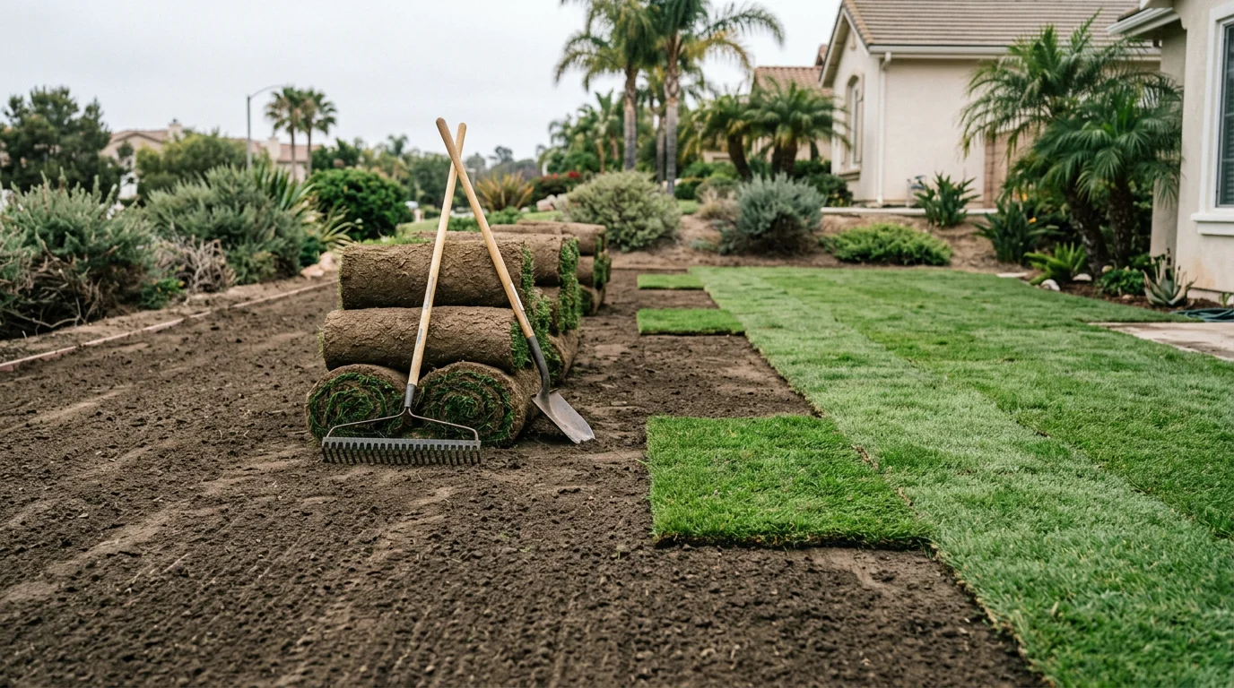 Freshly installed sod covering a residential backyard in San Diego County, with clean edges, tight seams, and a smooth, even surface ready for use. The lawn borders a hardscape patio area under a clear Southern California sky.