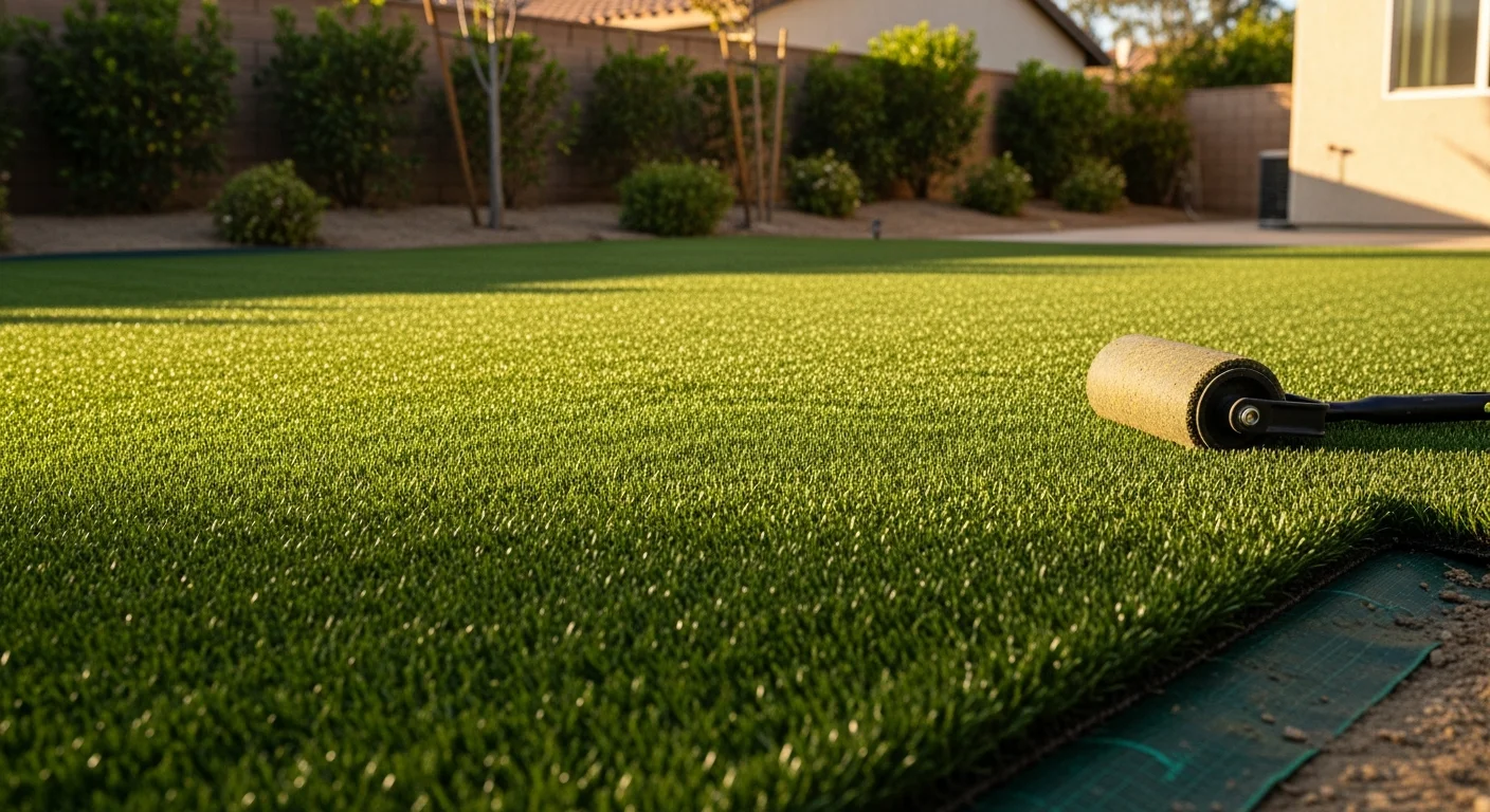 Freshly installed synthetic turf covering a residential backyard in San Diego County, with clean edges, even surface, and no brown patches. The yard shows a finished hardscape border alongside the turf, typical of Southern California outdoor living spaces.